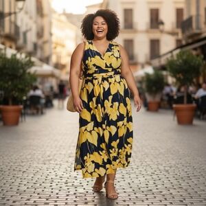 Tommy Hilfiger Women Maxi Dress Yellow‎ Floral Print Sleeveless V Neck 22W NEW